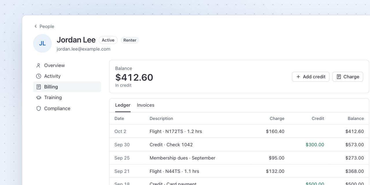 A member's account ledger with credits, flight charges and a running balance