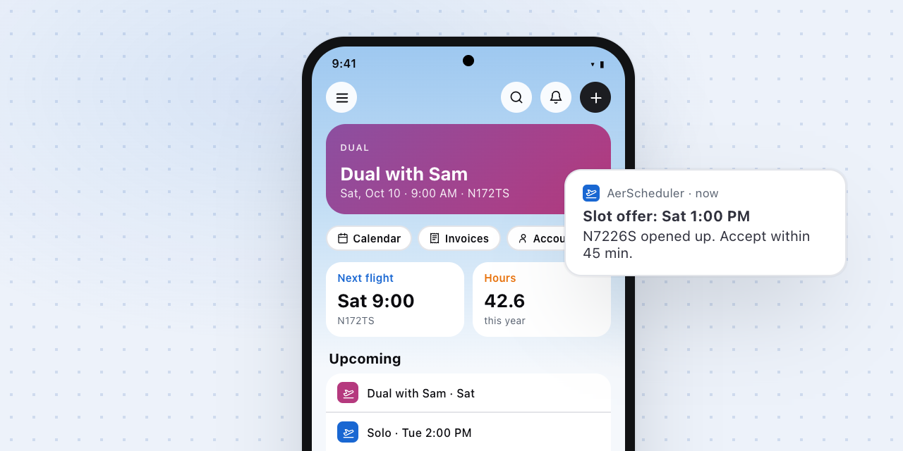The AerScheduler app on an Android phone, showing the next flight and quick actions