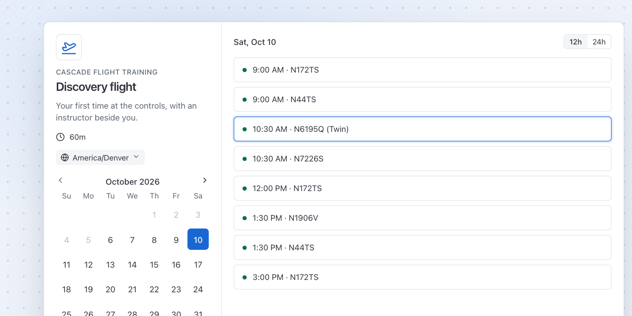 A public booking page with a month calendar and start times for a discovery flight