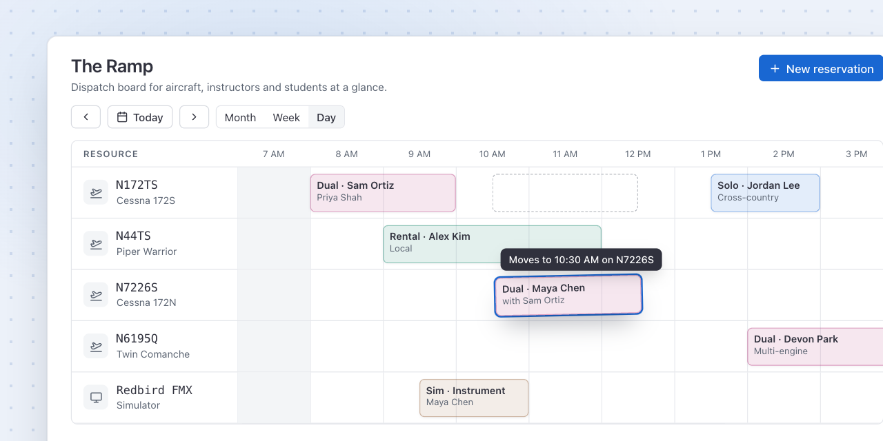 A dual lesson being dragged on the day board to a new time on another aircraft