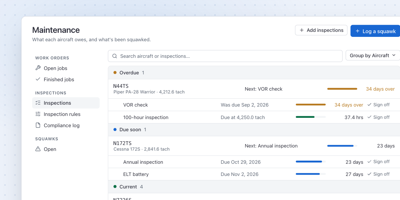 The Maintenance page with inspections grouped by aircraft, showing what is overdue and due next
