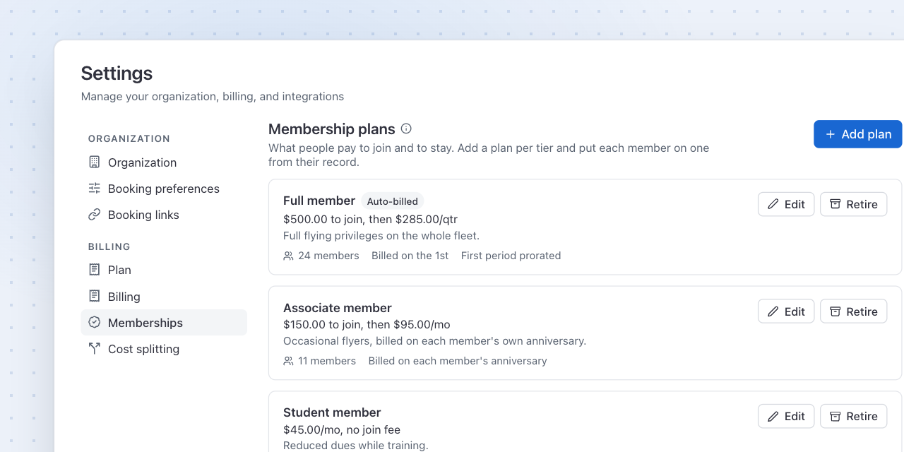Membership plans: full, associate and student, with join fees and dues