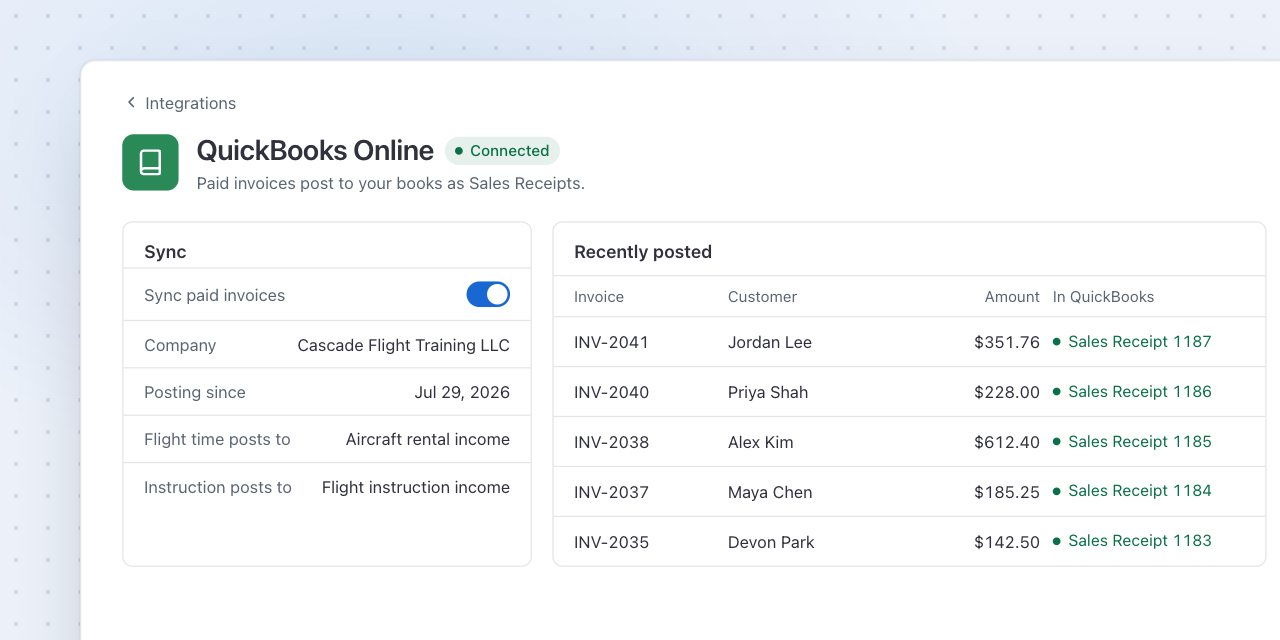 The QuickBooks Online settings page, connected, with paid invoices posted as Sales Receipts
