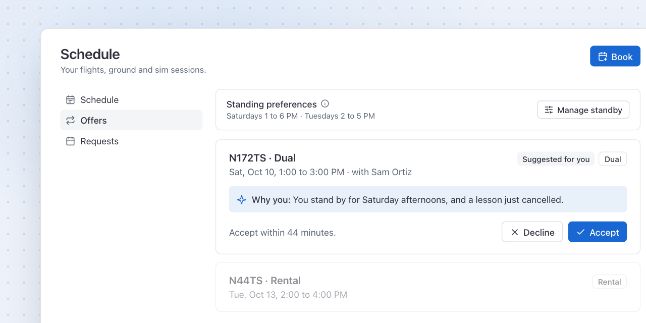 A slot offer for a Saturday dual lesson in N172TS, with Accept and Decline